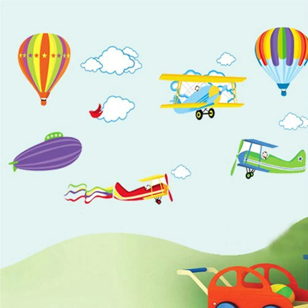 3D мультфильм самолет и воздушные шары съемные настенные стикеры спальня виниловые наклейки для детской комнаты Мальчики украшение дома Фреска