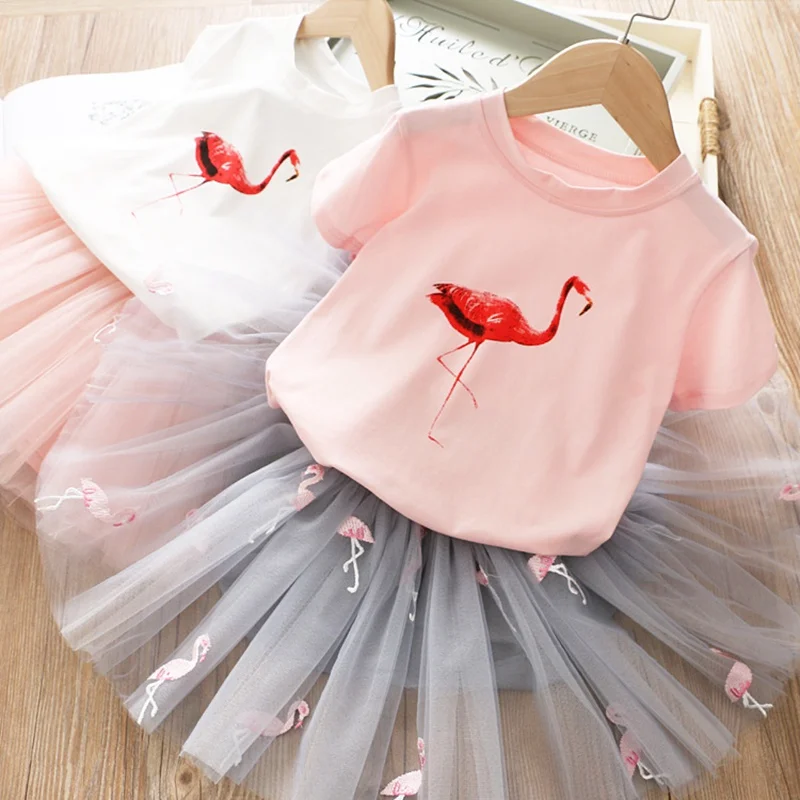 Платье принцессы Летняя детская одежда с фламинго для девочек комплект из 2 предметов, футболка с Фламинго+ маленькое детское платье-пачка, комплекты с героями мультфильмов детская одежда для девочек