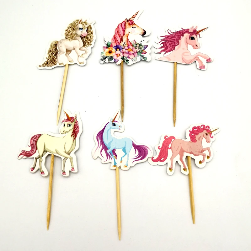 

24pcs/pack Kids Girls Favors Birthday Party Unicorn Theme Cake Topper Decorations Happy Baby Shower Cupcake Toppers with Sticks
