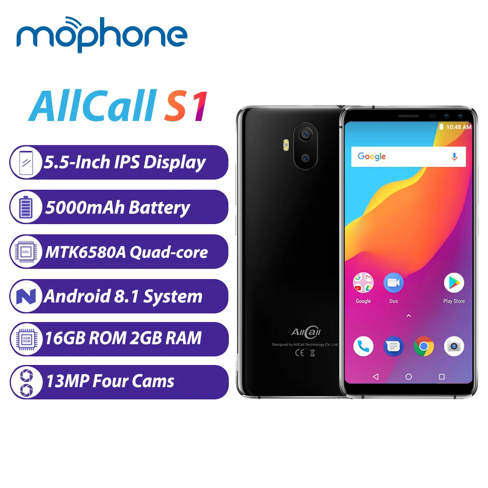 Allcall S1 3g WCDMA 5000 мАч Батарея 16 Гб 2 мобильный телефон четыре камеры Android 8 1 MTK6580A 5