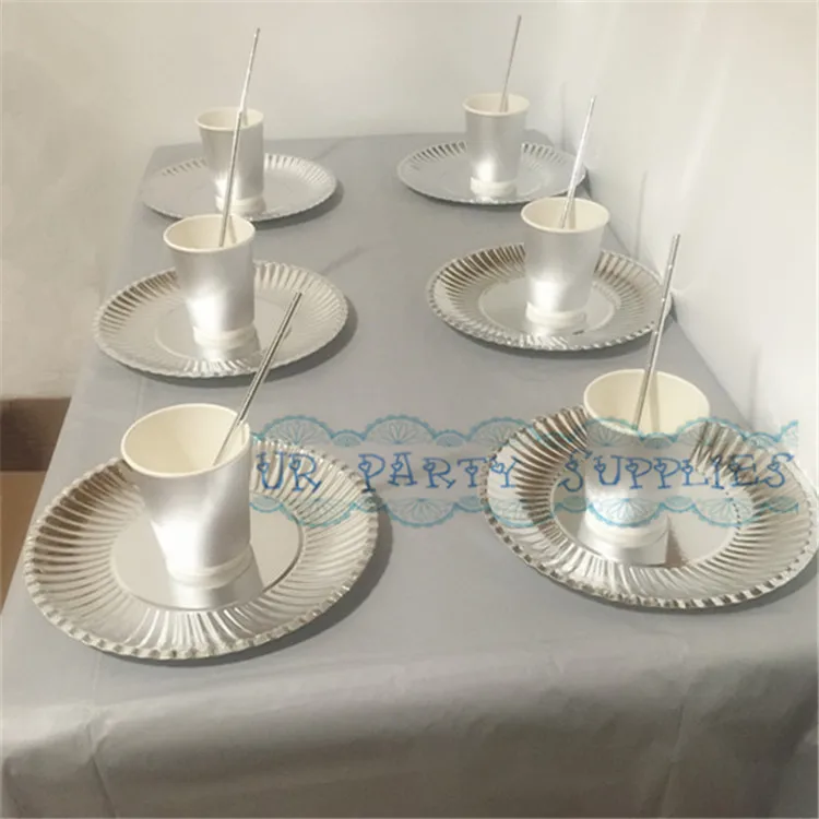 10 Sets (31pcs) Tableware Table Cloth Soild Silver Foil Paper Cups