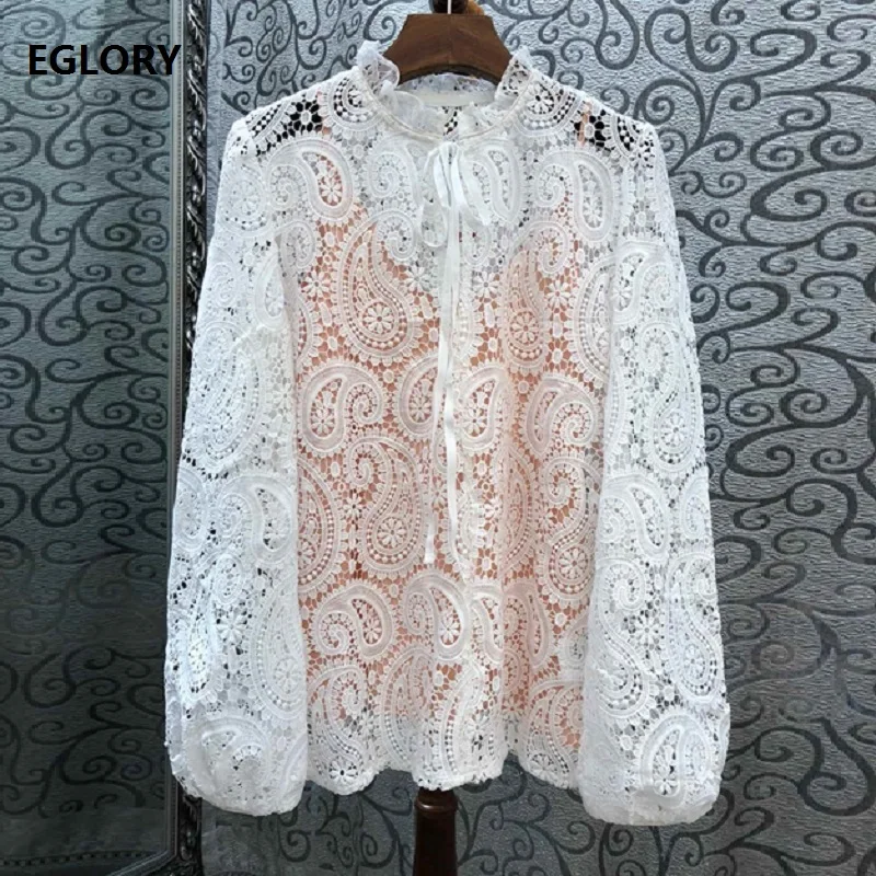 

High Quality Lace Blouses 2019 Autumn Style Women Ruffled Collar Allover Lace Crochet Long Sleeve White Lace Tops Shirt Female