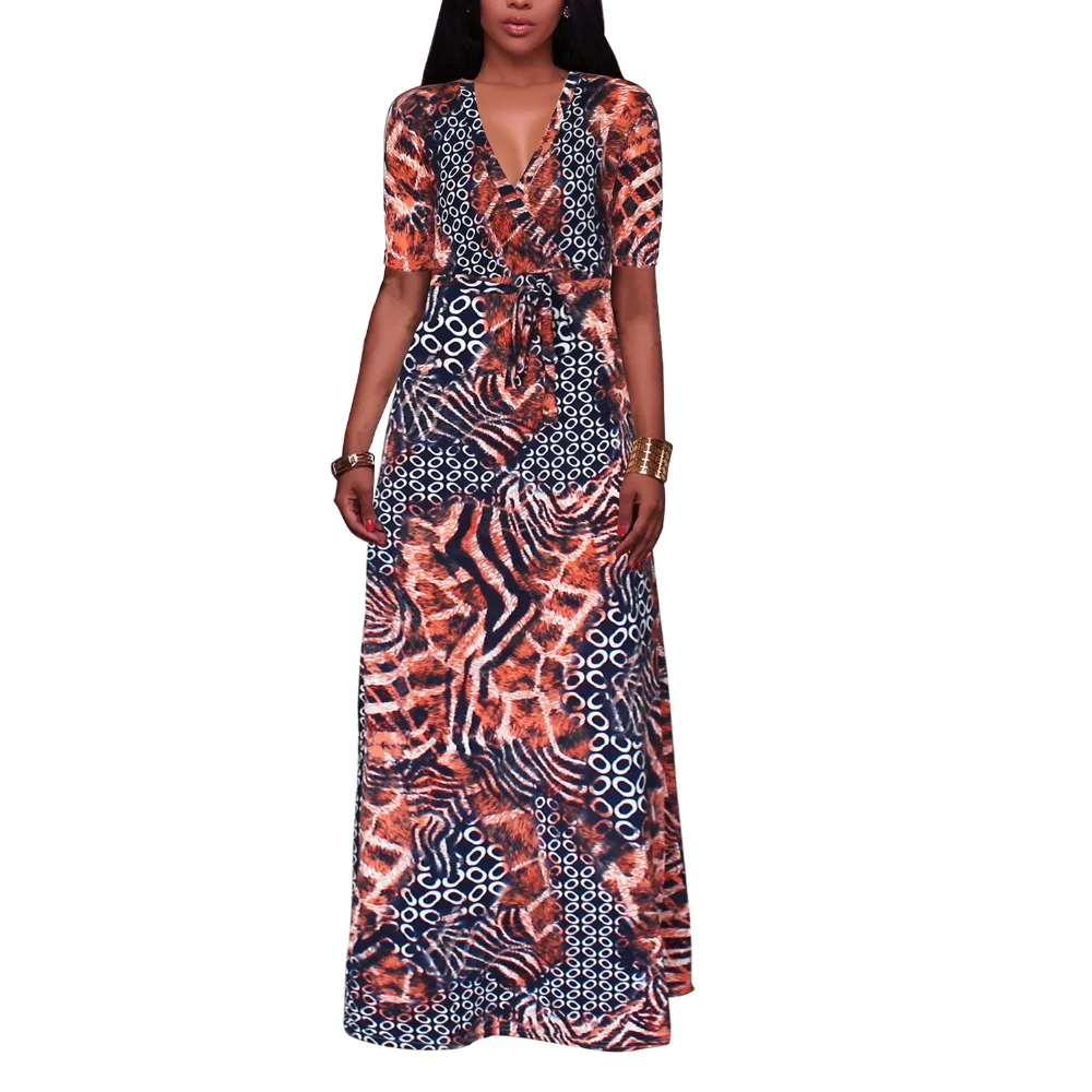 

L-5XL High Quality New Fashion 2017 Animal eyes Maxi Dress Women's short Sleeve deep v neck Printed Party Long Dress D1010