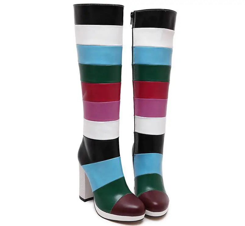 US4-12 Womens multi rainbow color block chunky high heels platform knee high boots shoes thigh luxury fashion Plus size US4-12 Womens multi rainbow color block chunky high heels platform knee high boots shoes thigh luxury fashion Plus size