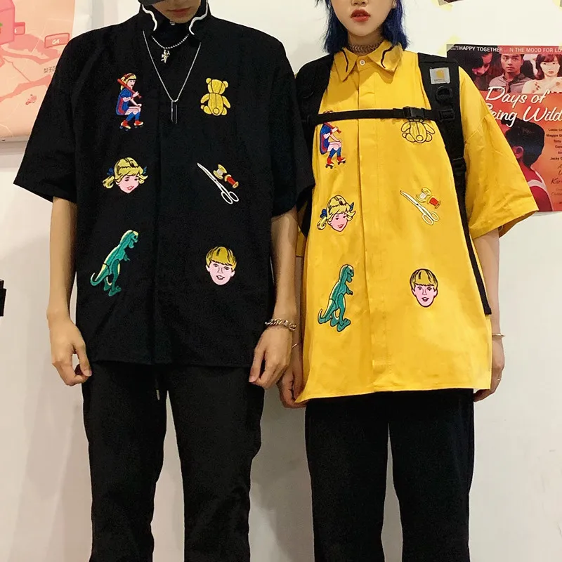 

Kawaii Embroidery Cartoon Graffiti Graphic Loose Short Sleeve Blouse Women/Men Couple Streetwear Summer Top Shirt Harajuku Korea