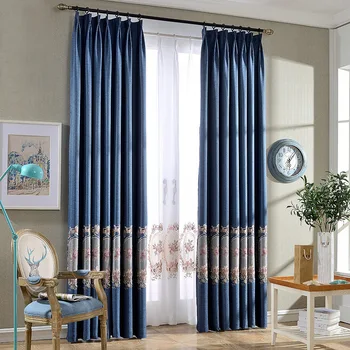 

European Modern Brief Style Linen Blockout Cloth Curtain Mirror Flowers Embroidered Curtain for Living Room Bedroom
