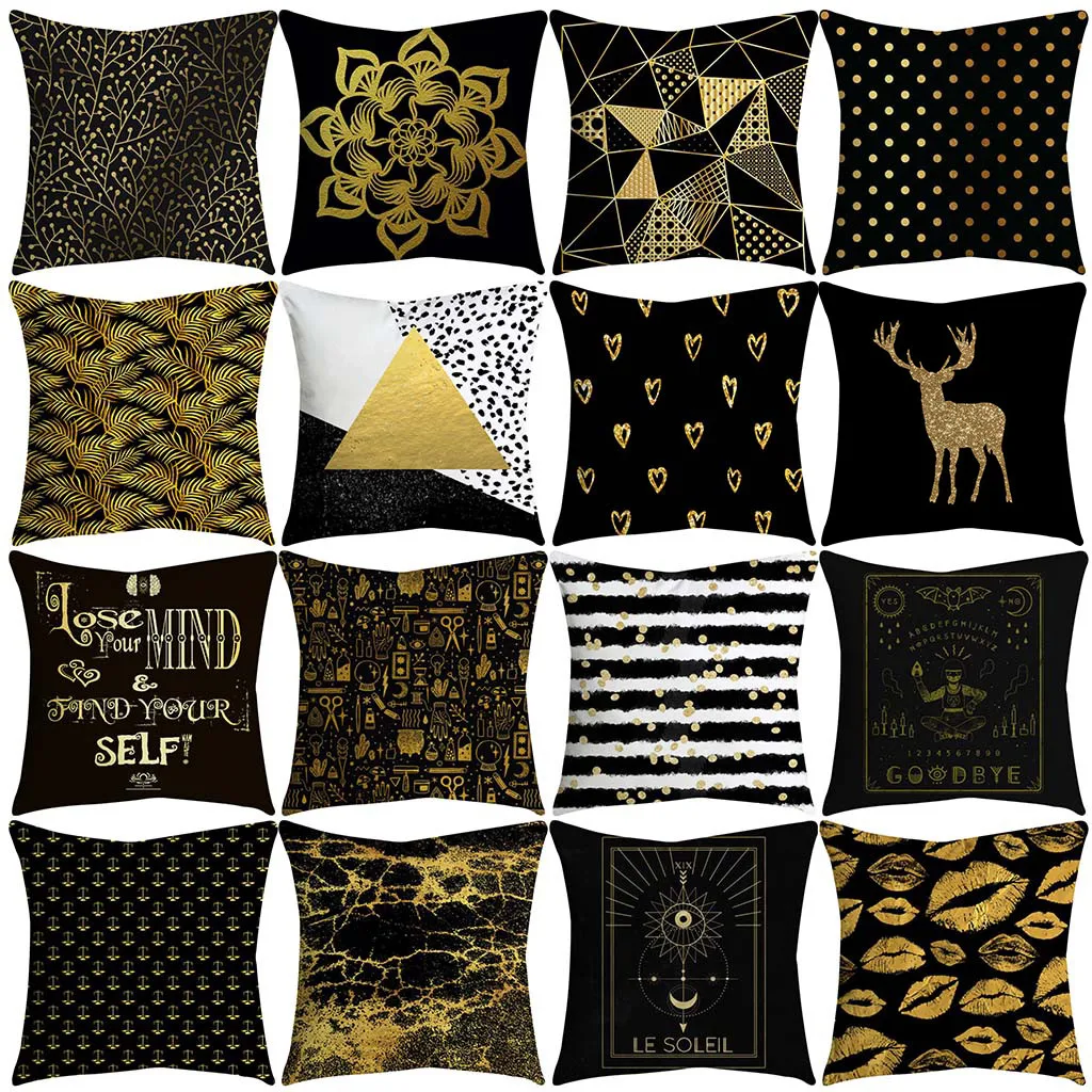 

45x45cm Black And Gold Geometric Dots Pillowcase Polyester Throw Pillow Cover Soft Square Home Decoration Cushion Cover For Sofa