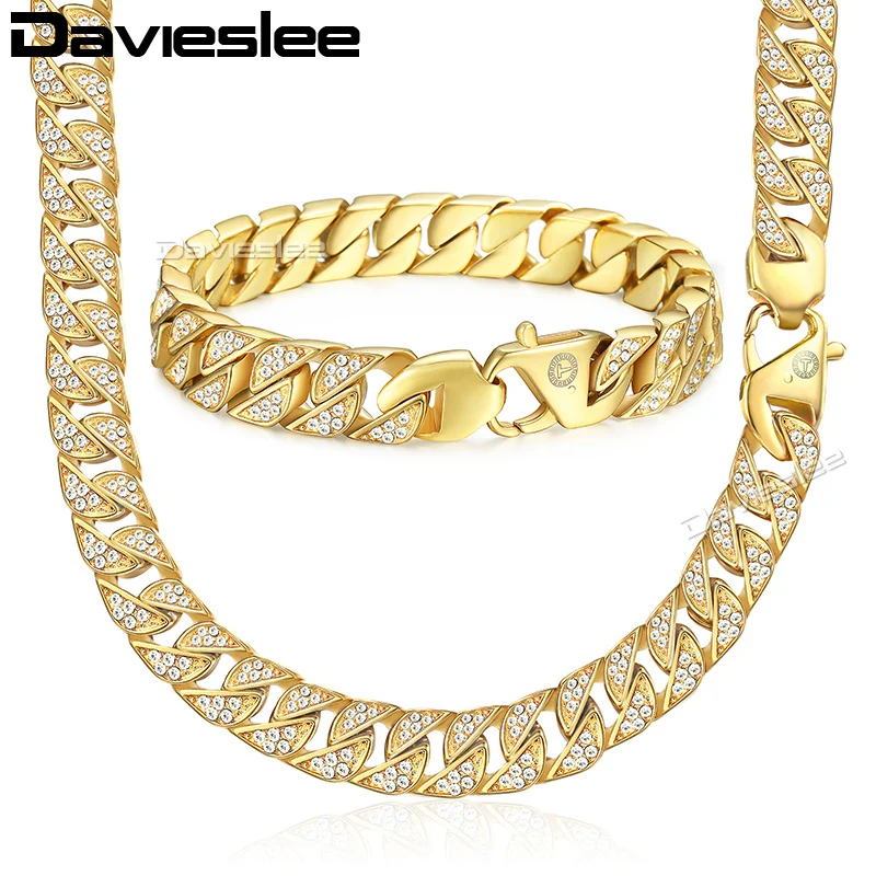 Davieslee Miami Cuban Chain Jewelry Set for Men Gold 316L Stainless Steel Paved Rhinestones CZ Mens Necklace Bracelet 12mm DHS60 | Украшения