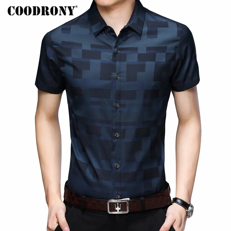 COODRONY قصيرة كم قميص الرجال الملابس 2019 الصيف قمصان رجالي عارضة يتأهل منقوشة Camisa الغمد القطن قميص أوم 8701