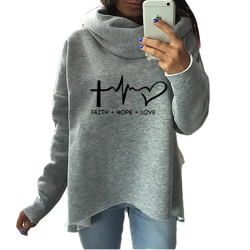 

2019 Fashion Faith Hope Love Christmas Clothing Women Hoodies Winter Scarf Collar Casual Autumn Sweatshirts Pullovers Rough