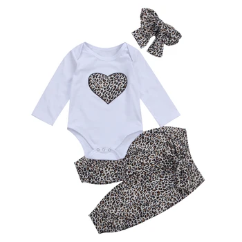 

Toddler Baby Girl Fashion Long sleeve Leopard Top +Pants with Headband Bodysuit Set
