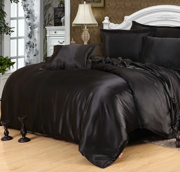Black Silk Comforter Set Luxury Soft Silk Feel Black Pleated Satin