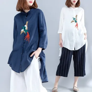 

BIG SIZE Spring Summer Women Fashion Embroidery Bird 3/4 Sleeve Tops Ladies Female Plus Large Loose Irregular Sheer Blouse Shirt