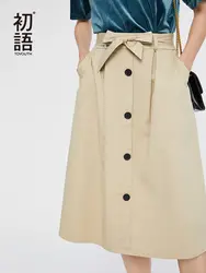 Toyouth 2019 Высокая талия миди юбки Твердые Карманы Кнопка А-силуэта повседневные женские брюки Модные женские юбки с поясом