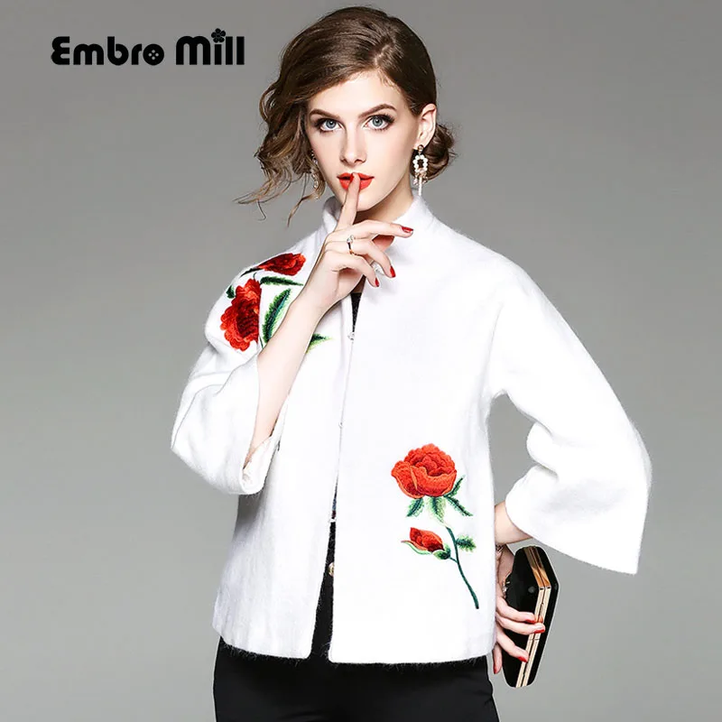 

Autumn Wool Jacket for Women Plus size Vintage Mandarin collar Embroidery Elegant lady Loose Top Short Outerwear Female M-XXXL