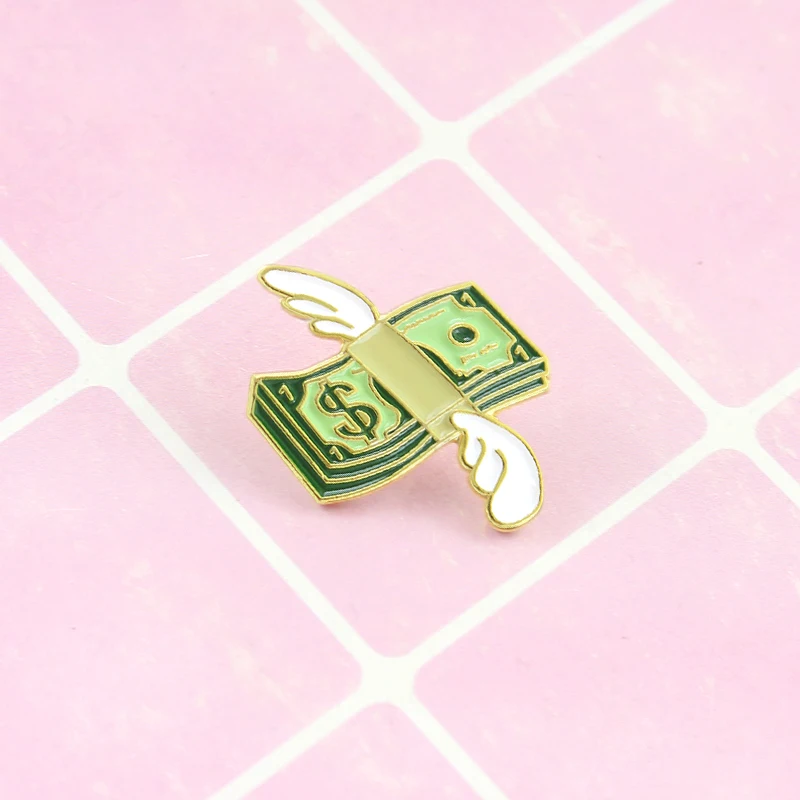 

Creative Wing Banknote Brooch Cute Spend Money Impecuniosity It Flies Away Enamel Pins Buckle Badge For Woman Gifts