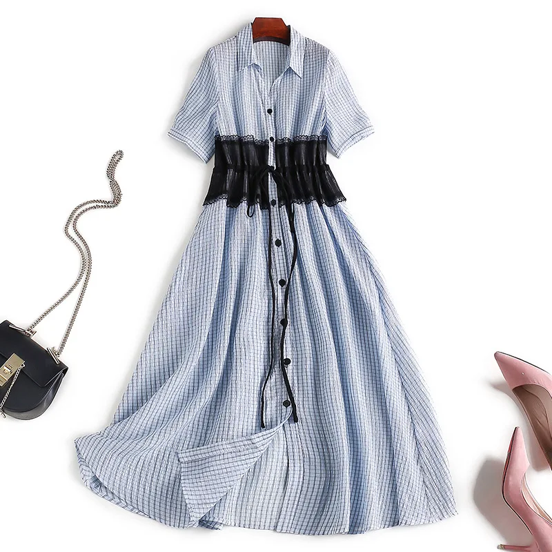 

2019 summer new commuter lapel check dress pleated high waist elastic waist shirt long female