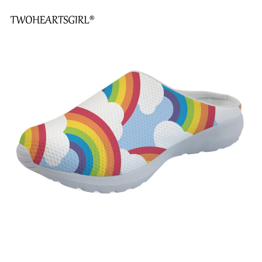 

Twoheartsgirl Slipper for Women Rainbow Dinosaur Printed Mesh House Shoes Breathable Ladies Flat Sandals Autumn Beach Slippers
