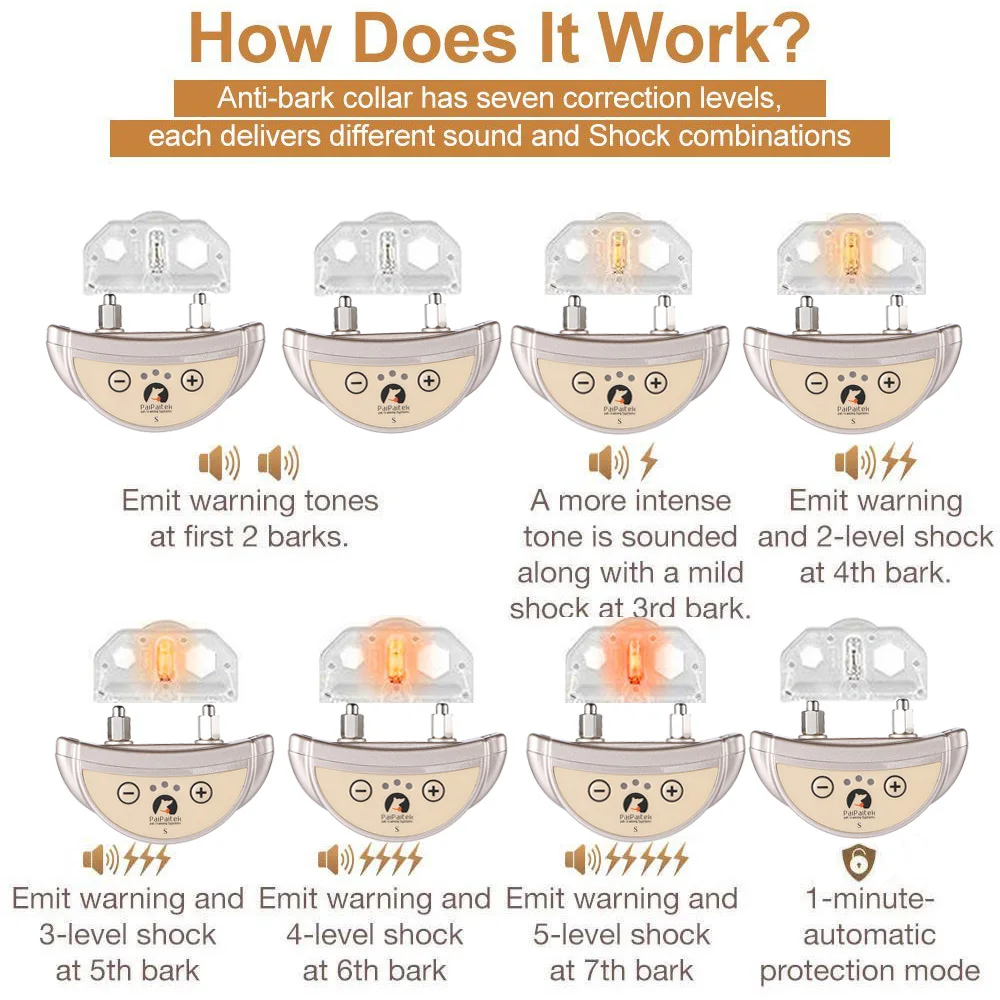 Ошейник с электрическим током для остановки лай для собак, ошейник с золотым кором, перезаряжаемый, 7 уровней, регулируемая чувствительность, автоматический ошейник с защитой от лай