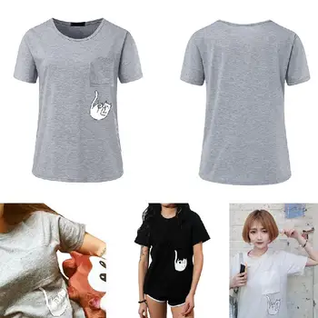 

Women T Shirt Summer Print Pocket Cat Harajuku O-neck Short Sleeve Couple Tee Women Shirt