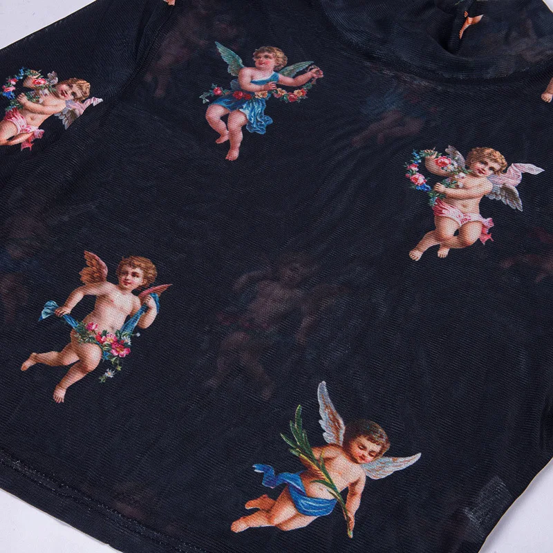 Для женщин сетки Купидон Ангел водолазка футболки топы Для женщин прозрачный 2019 See Through синий эластичные облегающие Топы эластичный новый