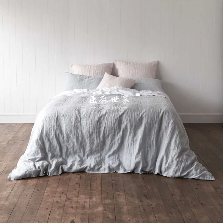 Clearance Set of 4 Pre stone washed 100% Natural Linen Medium grey bedding set 1 duvet cover + 2 pillowcases + 1fitted sheet 5