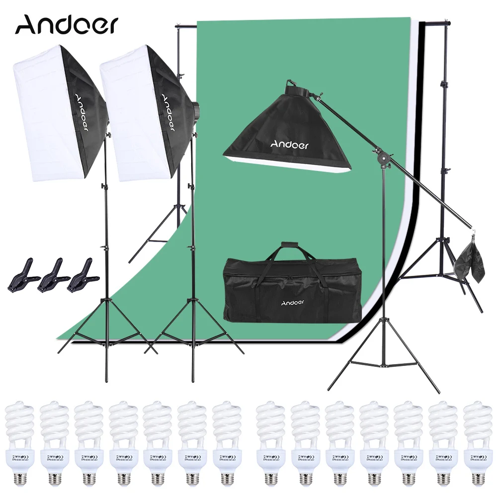 

Andoer Photo Studio Lighting Kit Softbox +Bulb +Bulb Socket +Light Stand+Cantilever Stick +Backdrop+Backdrop Stand +Spring Clamp