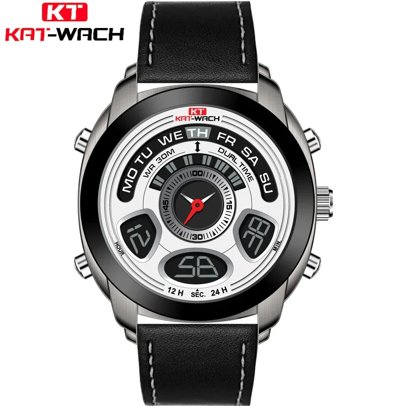 

Fashion Leather Men's Watches Sport Man Dual Display LED Digital Clock Analog Male Quartz Complete Calendar Week Alarm Function