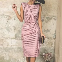Elegant Sleeveless Office Dress Fashion Polka Dot Printed Dress Casual Retro Female Pleated Knee-Length Dress mesh insert polka dot knee length bodycon dress