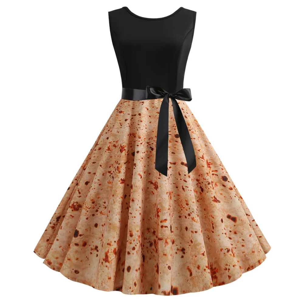 

Retro Dress 2019 Princess Dress for Women Vintage 1950s 60s Sleeveless Burrito Tortilla Printing Party Prom Swing Dress Vestidos