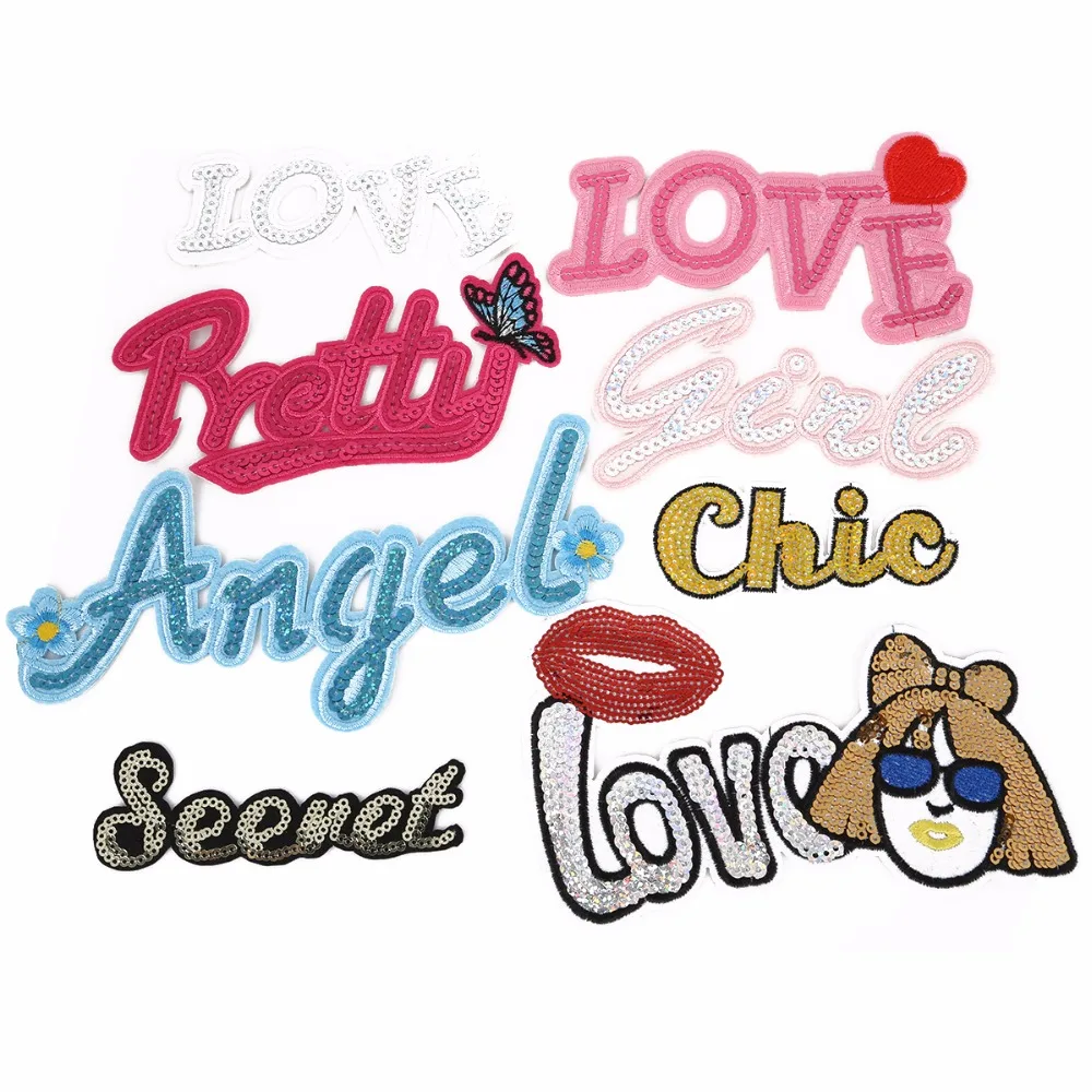 

Colorful Patch thermocollants vetement sequin Mix Size Letters Iron on Sew On Applique Badge Motorcycle Cheap Biker Embroidered