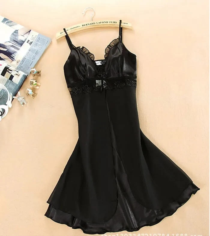 Foply, женское сексуальное шелковое атласное Ночное платье, ночная рубашка, кружевное платье для сна, ночные сорочки с острым вырезом, ночная рубашка, модная одежда для сна - Цвет: black