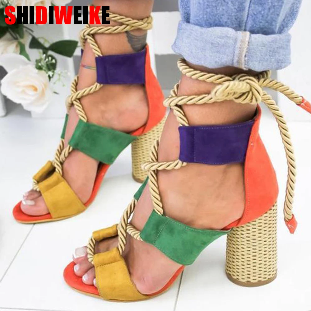 

Explosion models 2019 summer new fashion Roman style thick with high-heeled open toe tie color sandals 35-43 f835