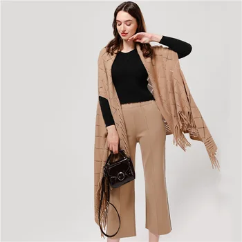 

2019 Fashion shawls Winter women pure color cashmere plaid hollow scarf Knitted cape and Poncho tassel Oversized Pashmina wraps