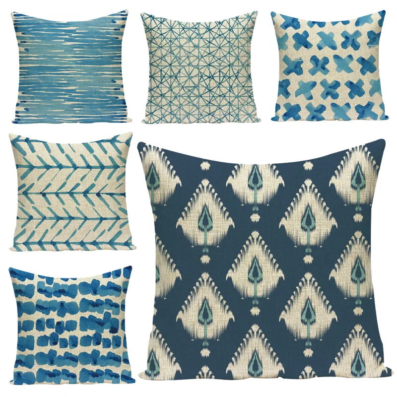 

Marine blue geometric pattern pillow cover linen-cotton high quality decorative sofa cushion cover for car bed pillow cover
