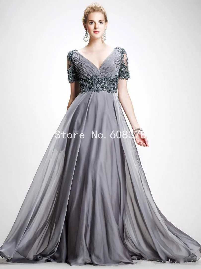 2015 Vintage Prom Dress V Neck Appliques Chiffon Long Plus