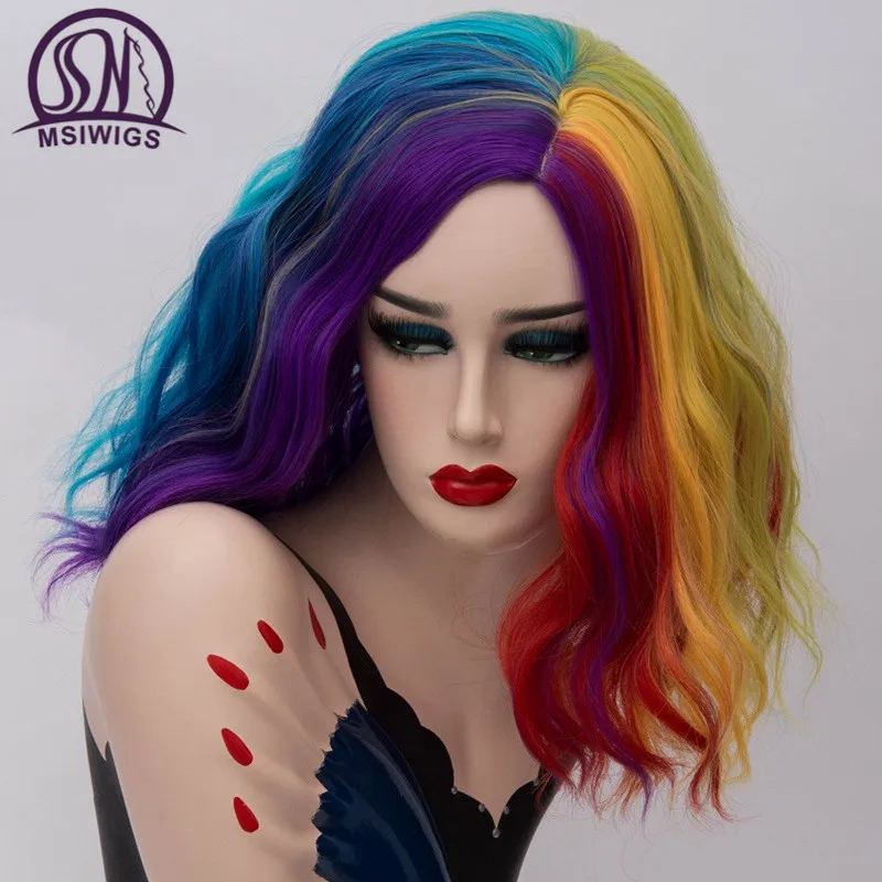 Pelucas cortas de Cosplay para mujeres pelucas onduladas de Color arcoíris lado Central línea de pelo Natural Cos sintético Rosa pelo