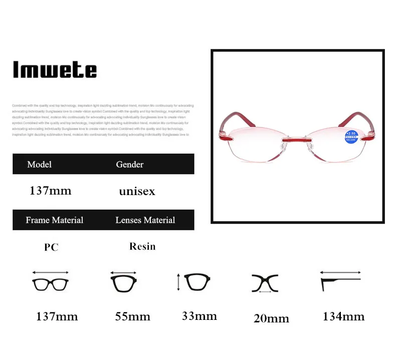 Imwete антибликовыми свойствами светильник блокировка очки для чтения Для женщин без оправы пресби бескаркасные очки 1,0 1,5 2,0 2,5 3,0 3,5