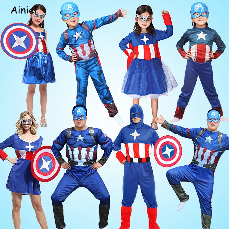 

Captain America Muscle Costume Superhero Captain America cosplay shield Halloween Mask Costumes for women Men Kids Fancy Dress