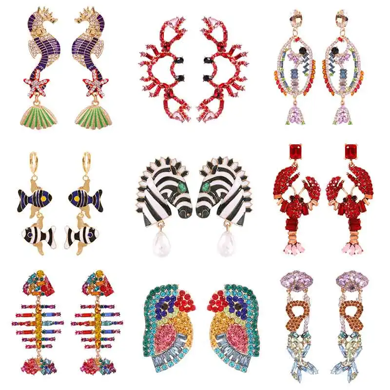 

Lalynnly New Animal Seahorse Fish Flamingo Drop Earrings Multi-color Full Crystal Birds Snake Dangle Earrings Party Ear Jewelry