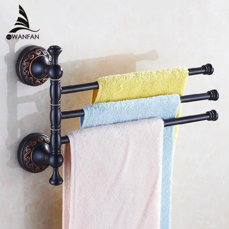 Towel Racks 3 Rails Swivel 35cm Black Brass Towel Bars Hanger Towel Holder Wall Mounted Bathroom