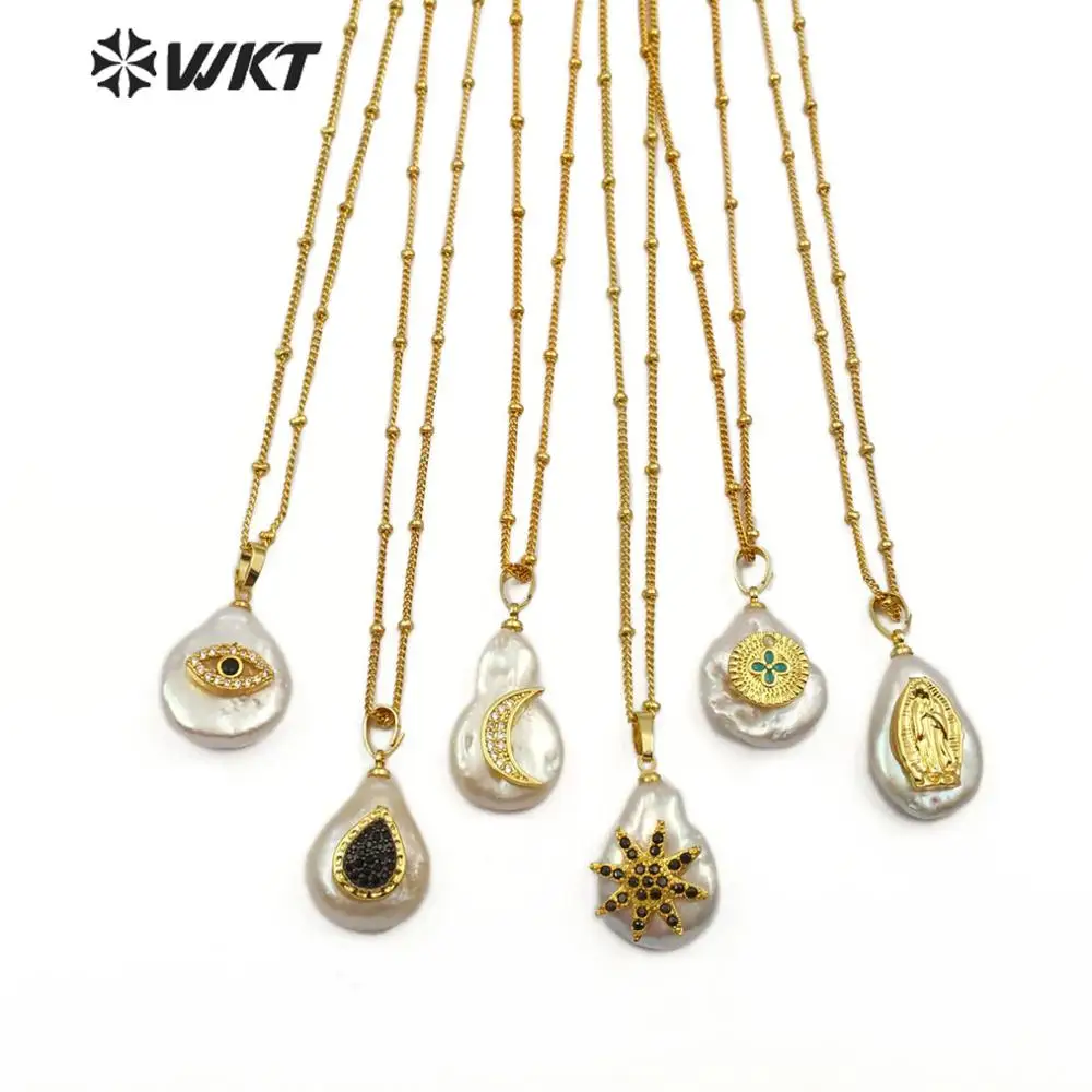 

WT-MN954 WKT Natural Pearl＆CZ Pendant Gold Necklace Women Elegant Necklace Beach Prarl Jewelry