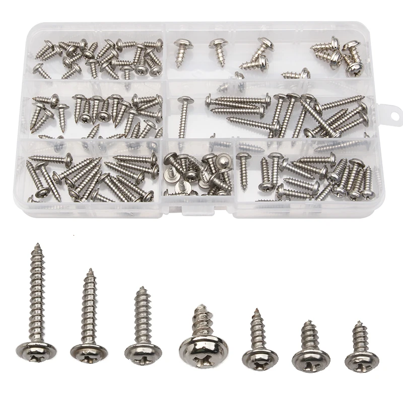 

7Sizes Stainless Steel Self-tapping Cross Screw Pan Head Phillip Tapper 110pcs/lot Screw Fastener Accessories with Plastic Box