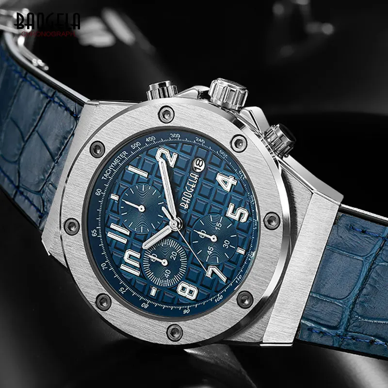 BAOGELA Men's New Quartz Watches 2019 Waterproof Chronograph Casual Luminous Wrist Watch Man Leather Strap Relogios 1805 Blue