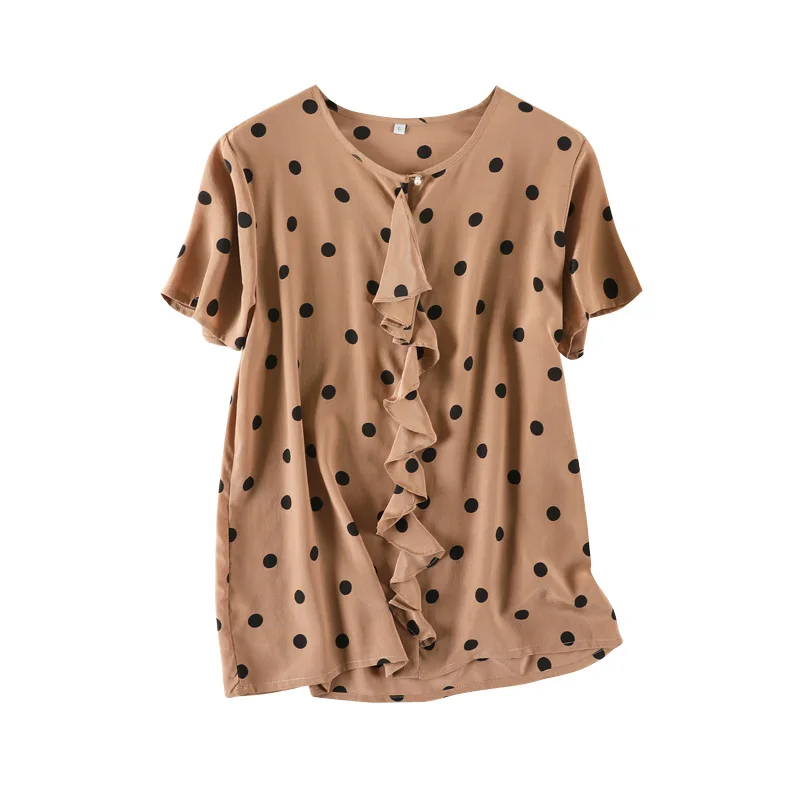 Женская шелковая блузка, натуральный шелк, креп, в горошек, с принтом, блузка, рубашка с коротким рукавом,, весна-лето, рубашка Карамель - Цвет: Caramel