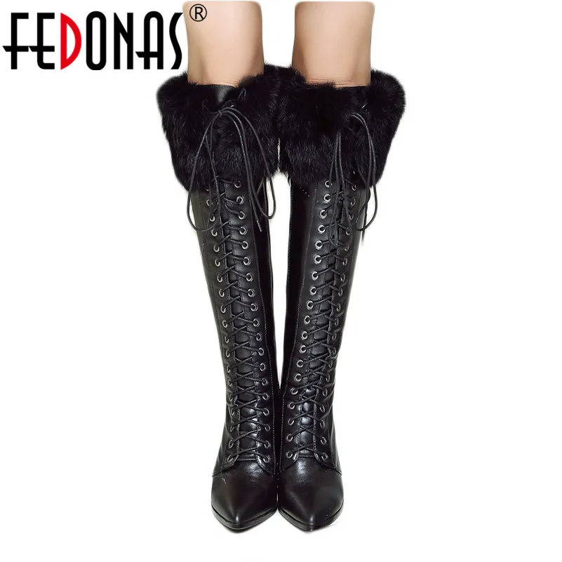 

FEDONAS Fashion Brand Corss-tied Knee High Boots Sexy High Heels Pointed Toe Party Wedding Shoes Woman Warm Long Snow Boots