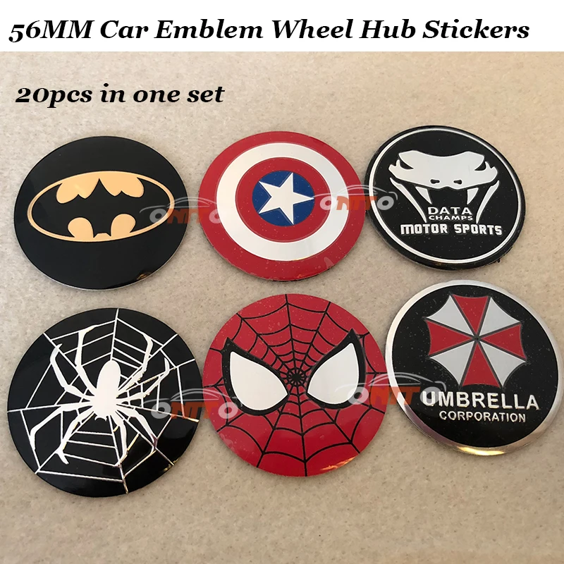 20pcs/lot Car emblem Wheel hub center Stickers Bat/Spider-Man Umbrella Captain US Data Rims Auto wheel caps Logo badge