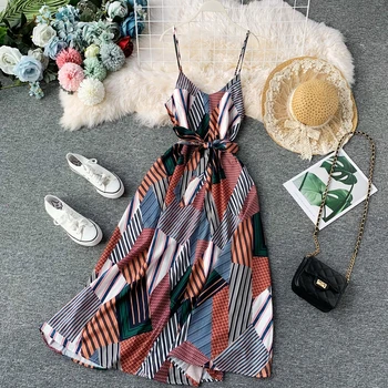 

Women Seaside Beach 2019 A-line Dress Lady V Neck Sleeveless Chiffon Sexy Vestidos H471