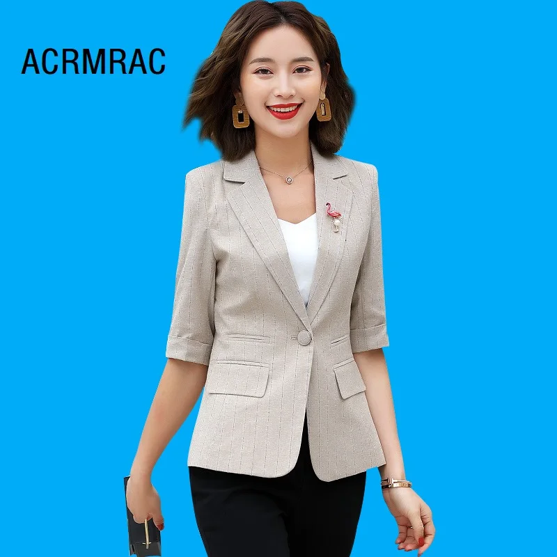 

Women jacket Slim summer stripe Thin section coat Half sleeve OL Formal Blazers Women 6125