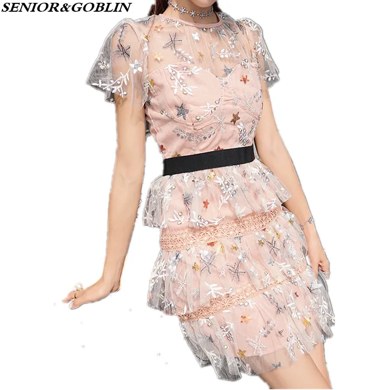 

Newest 2019 High Quality Summer Women Elegant Short Dress Women Mesh Sequin Embroidery Sexy Ruffles Mini Party Dress Vestidos